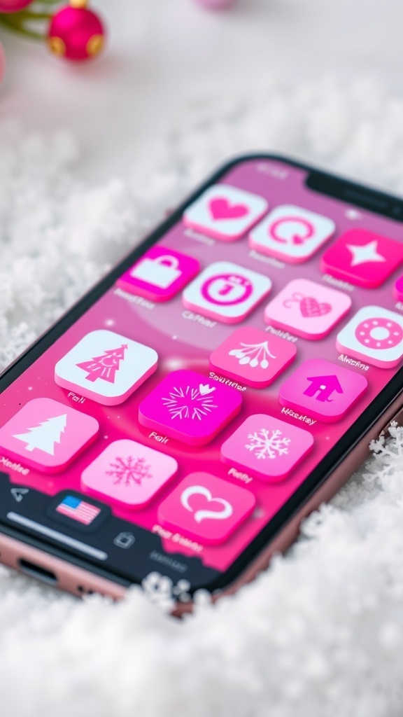 A smartphone screen featuring a collection of pink Christmas app icons with festive designs.